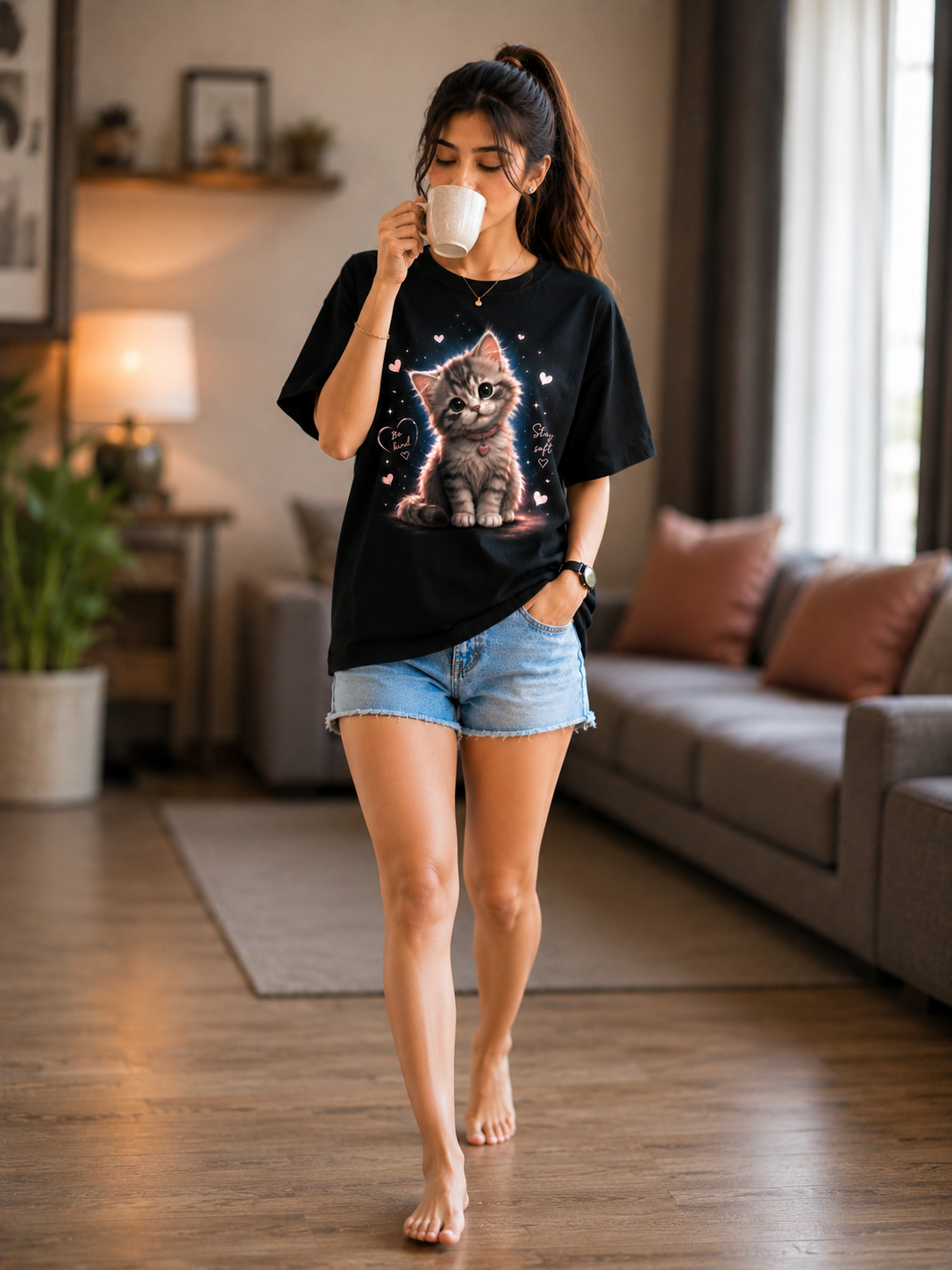 Cozy Casual Style – Cute Kitten  Black T-Shirt for Women — Black
